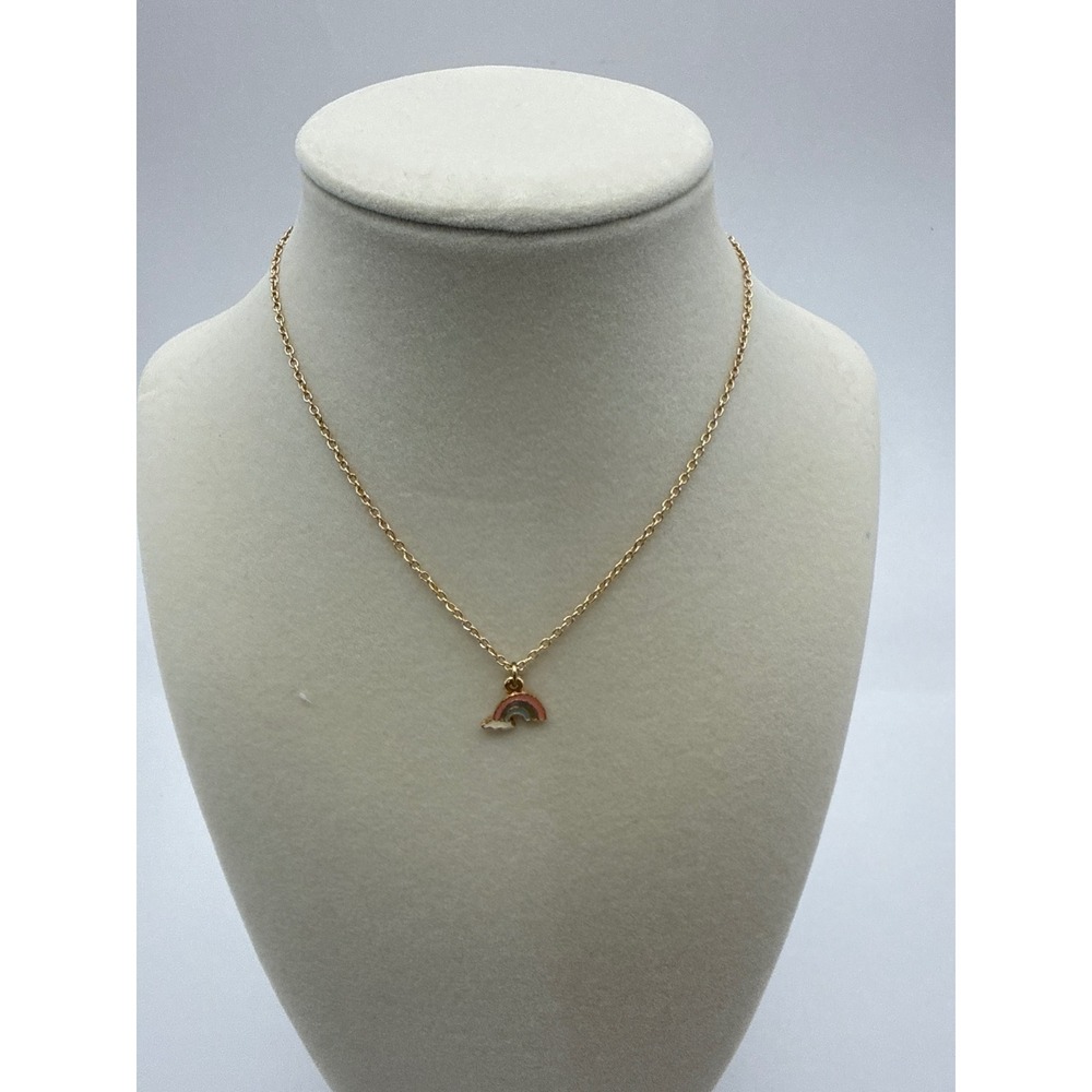 Avon Kids Rainbow Enamel Pendant Necklace Gold Tone Pink Blue White 12.5 Inch